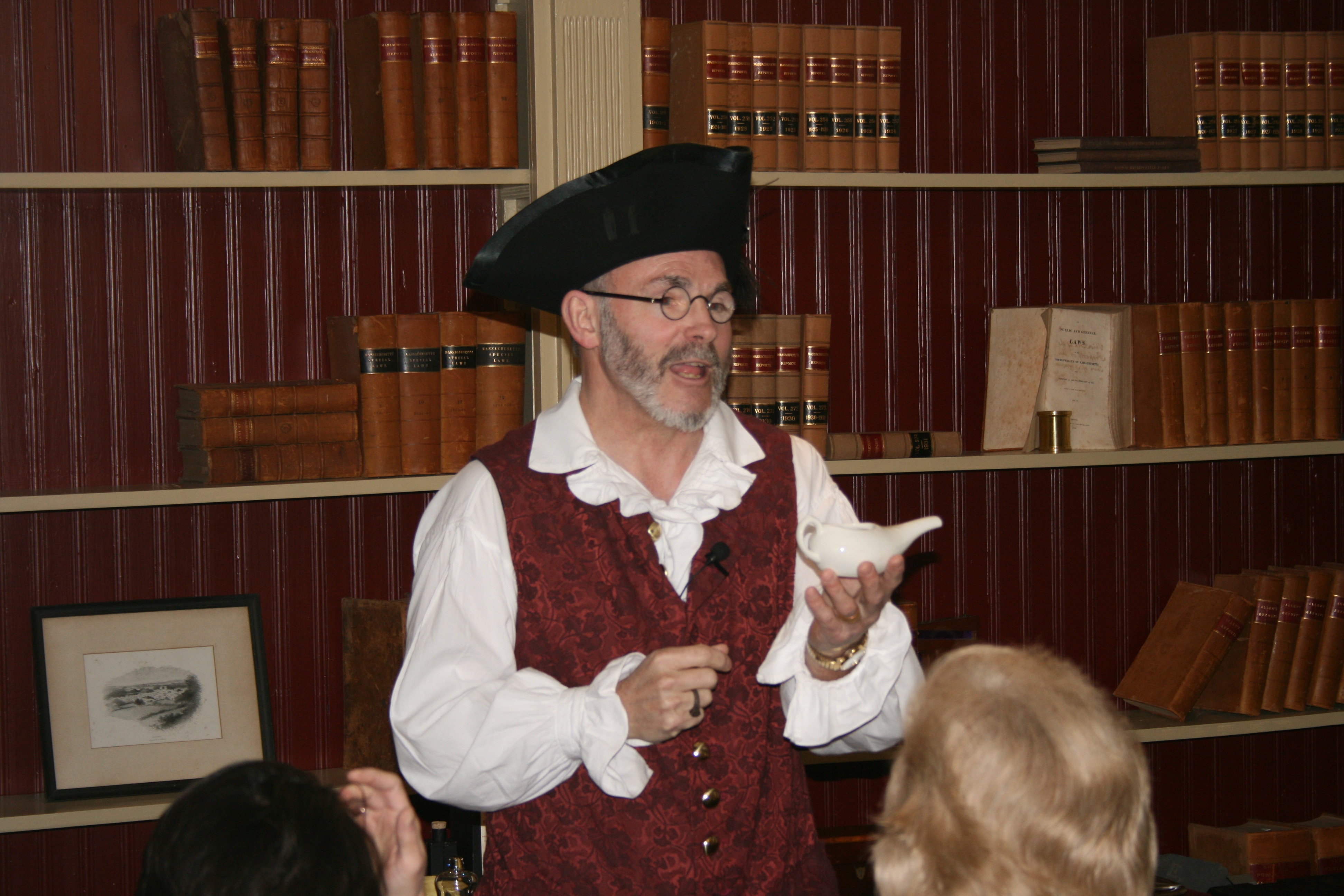 Costumed interpreter giving a presentation at Plympton Historical Society
